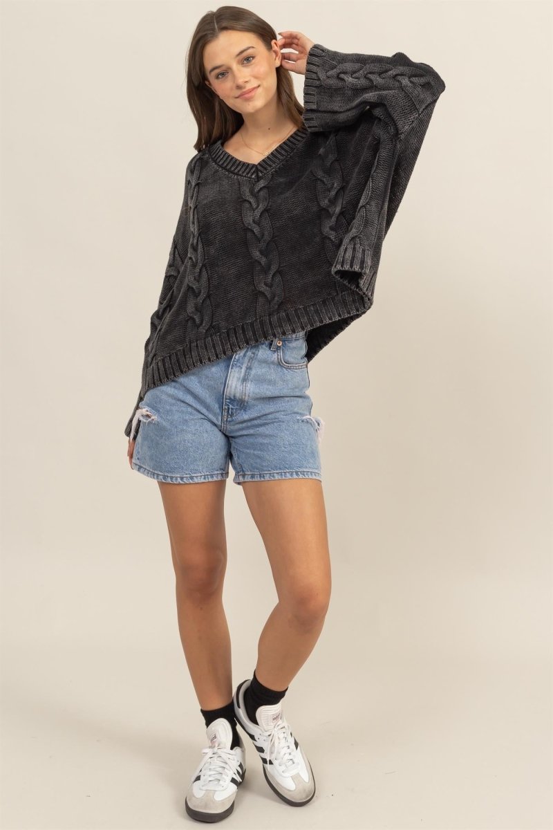 HYFVE Cable Knit V - Neck Dropped Shoulder Oversized Sweater - S. M. & Co.