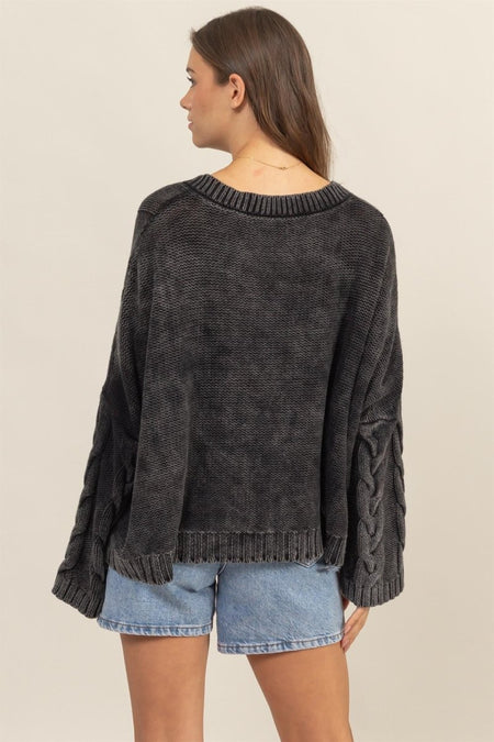 HYFVE Cable Knit V - Neck Dropped Shoulder Oversized Sweater - S. M. & Co.