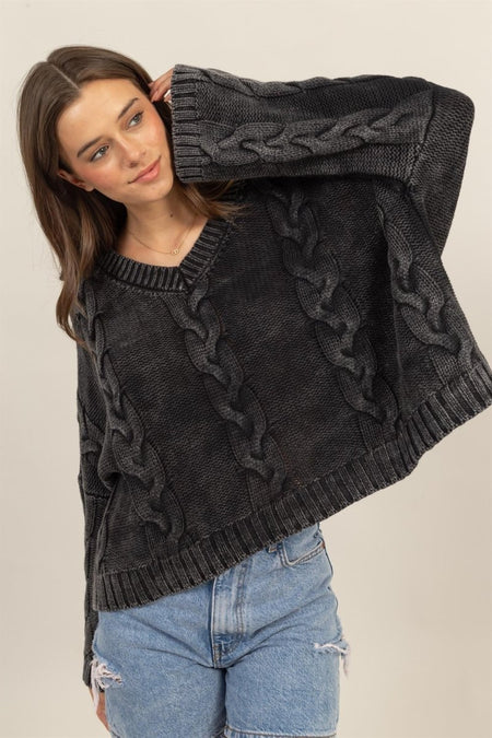 HYFVE Cable Knit V - Neck Dropped Shoulder Oversized Sweater - S. M. & Co.