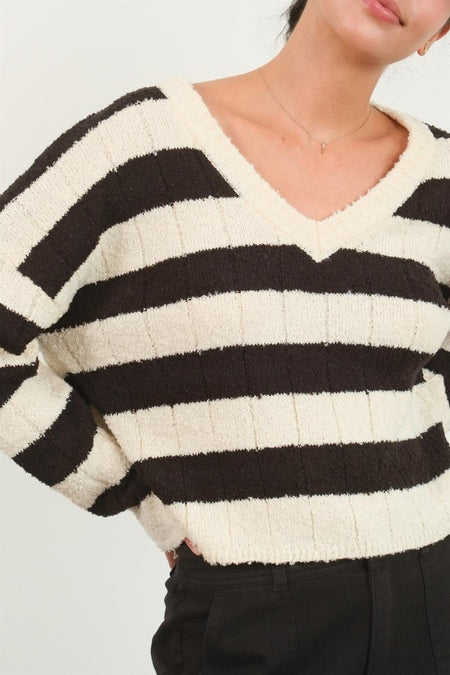 HYFVE Contrast Striped Cropped V - Neck Sweater - S. M. & Co.