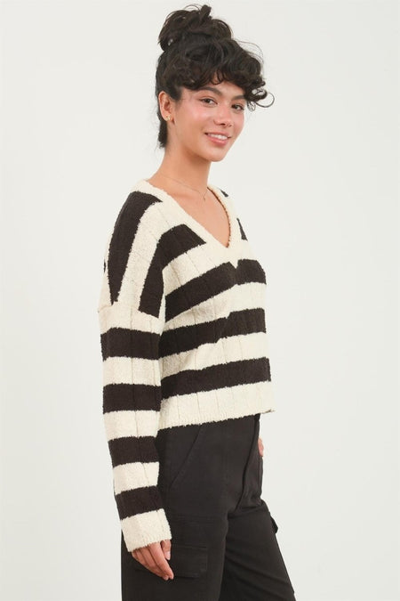 HYFVE Contrast Striped Cropped V - Neck Sweater - S. M. & Co.