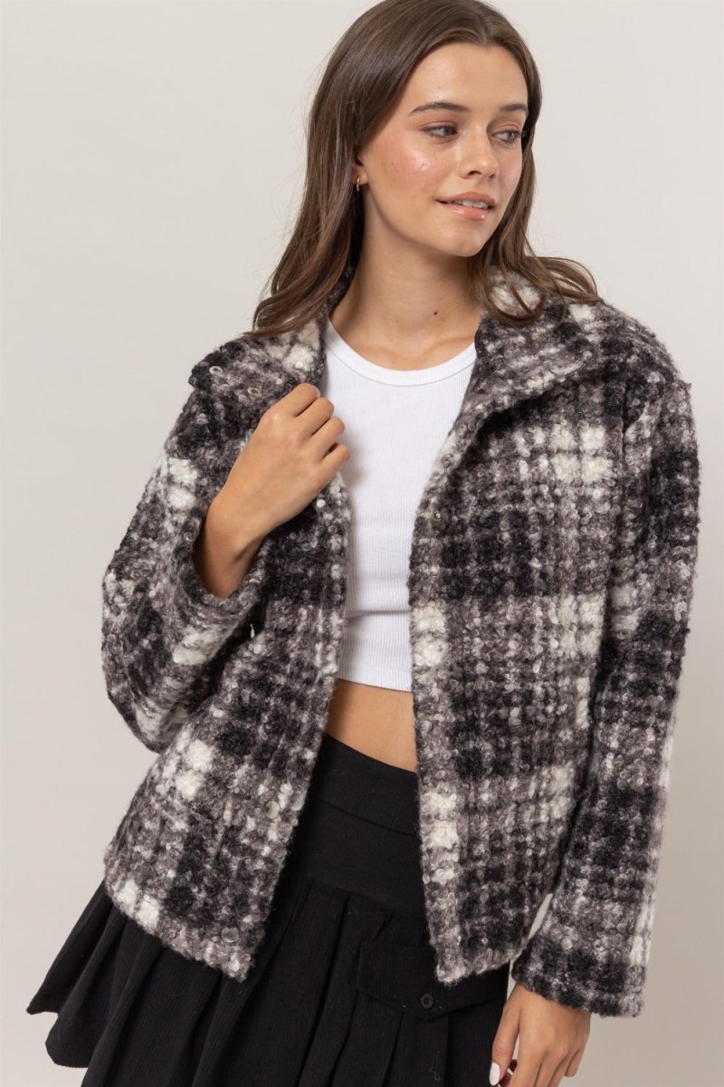 HYFVE Plaid Collared Neck Boucle Jacket with Pockets - S. M. & Co.