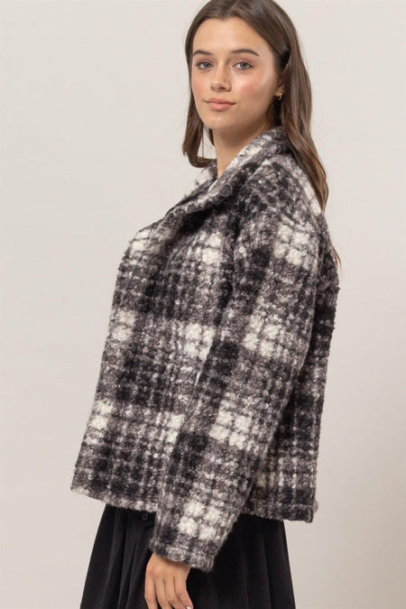 HYFVE Plaid Collared Neck Boucle Jacket with Pockets - S. M. & Co.