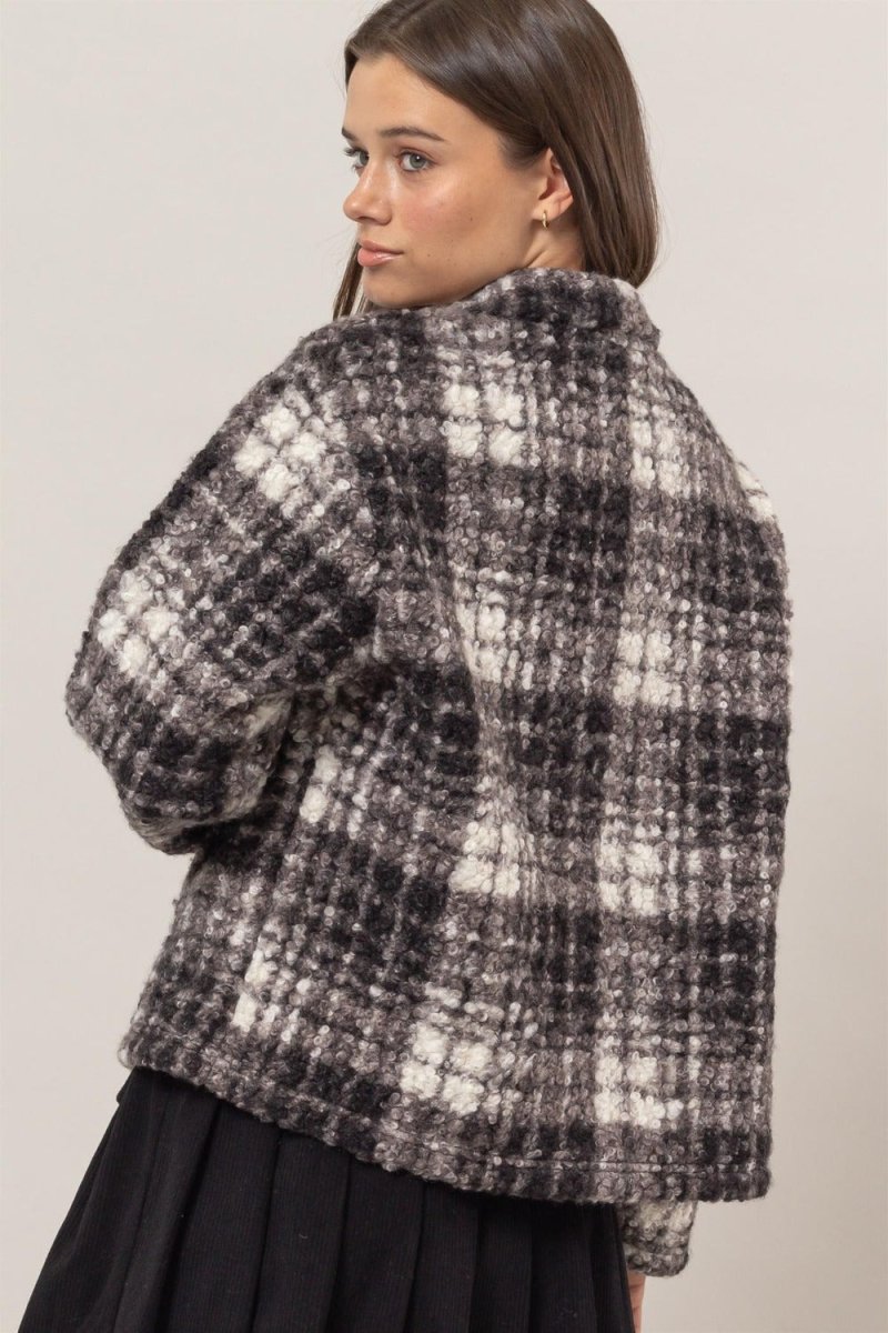 HYFVE Plaid Collared Neck Boucle Jacket with Pockets - S. M. & Co.