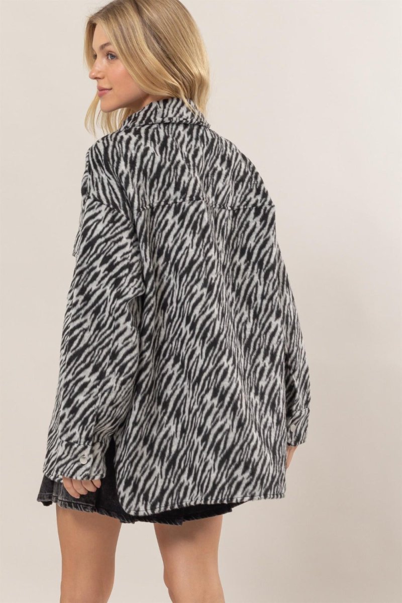 HYFVE Zebra Print Snap Down Long Sleeve Shacket - S. M. & Co.