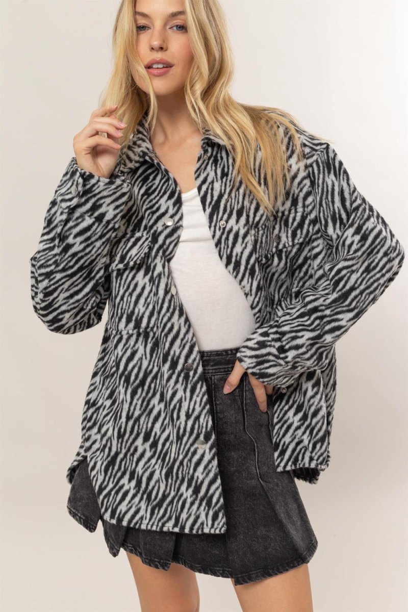 HYFVE Zebra Print Snap Down Long Sleeve Shacket - S. M. & Co.