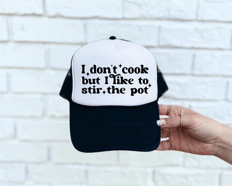 I Don't Cook DTF Printed Black & White Trucker Hat - S. M. & Co.