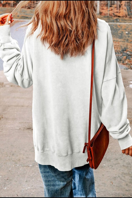 I'M BACK Slit Round Neck Long Sleeve Sweatshirt - S. M. & Co.