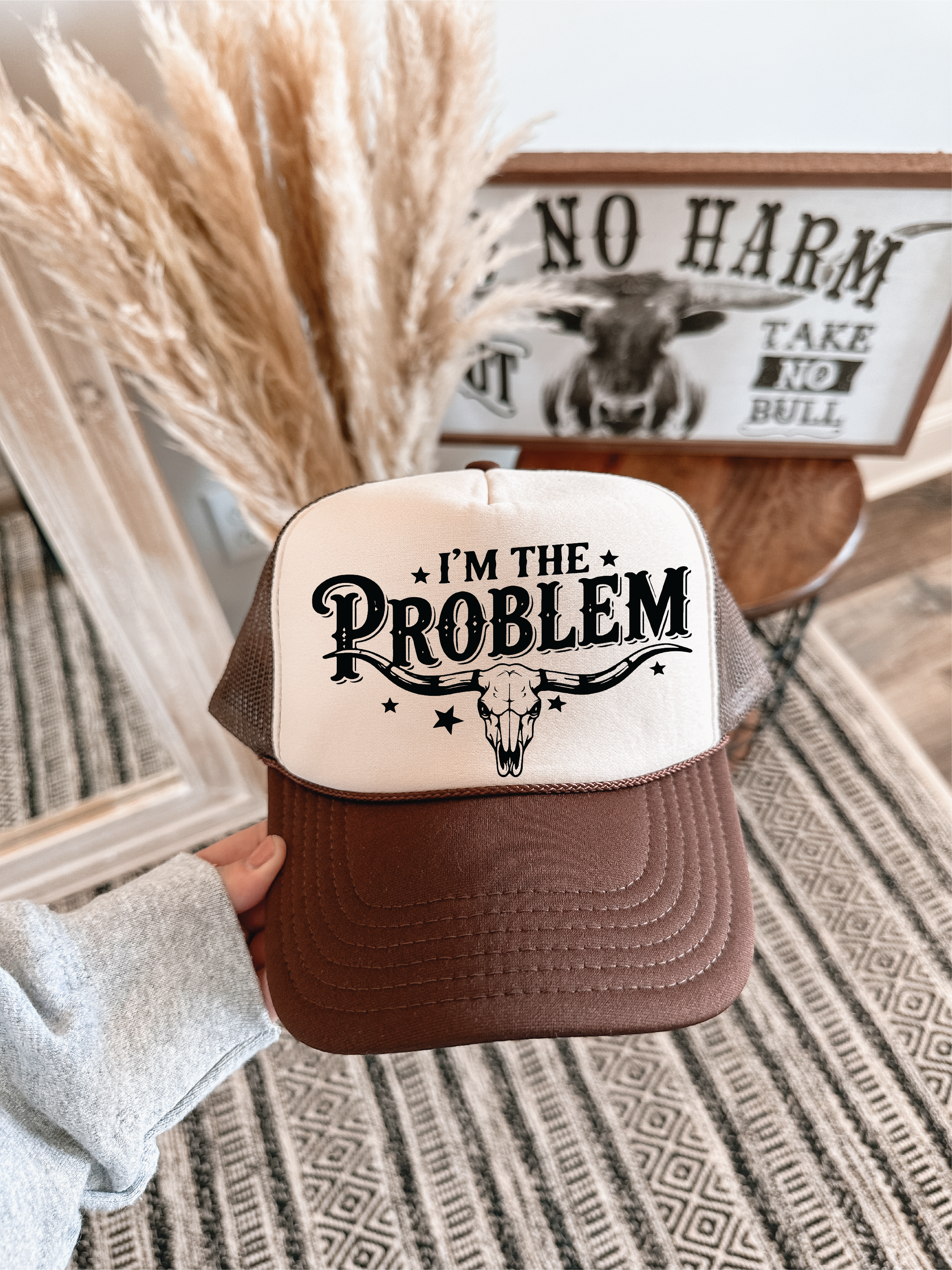 I'm The Problem DTF Printed Brown and Tan Trucker Hat