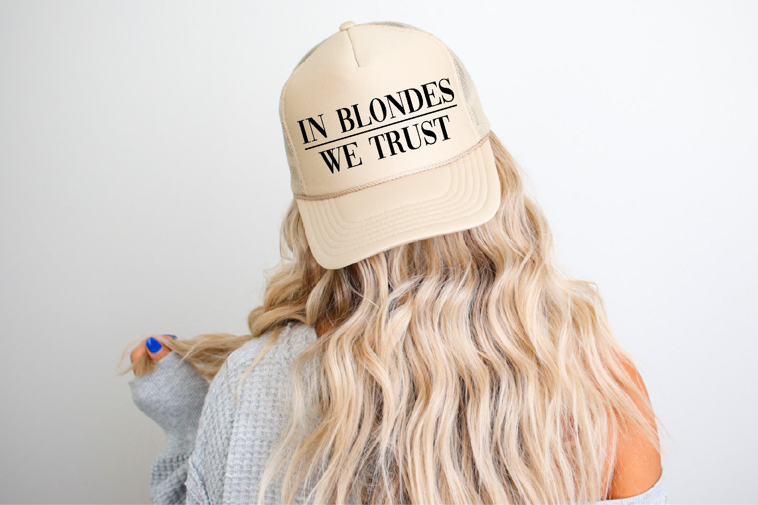 In Blondes We Trust DTF Printed Khaki Trucker Hat - S. M. & Co. Trucker Hat