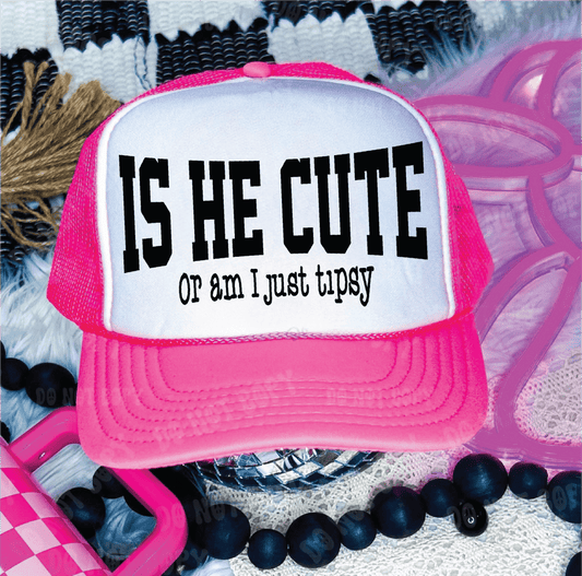 Is He Cute DTF Printed Neon Pink & White Trucker Hat - S. M. & Co.