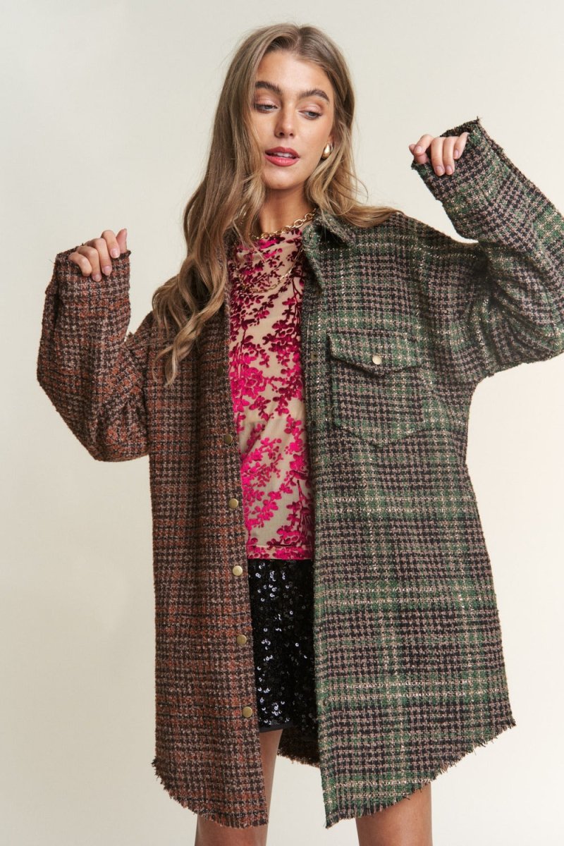 J.NNA Snap Down Tweed Plaid Contrast Longline Shacket - S. M. & Co.