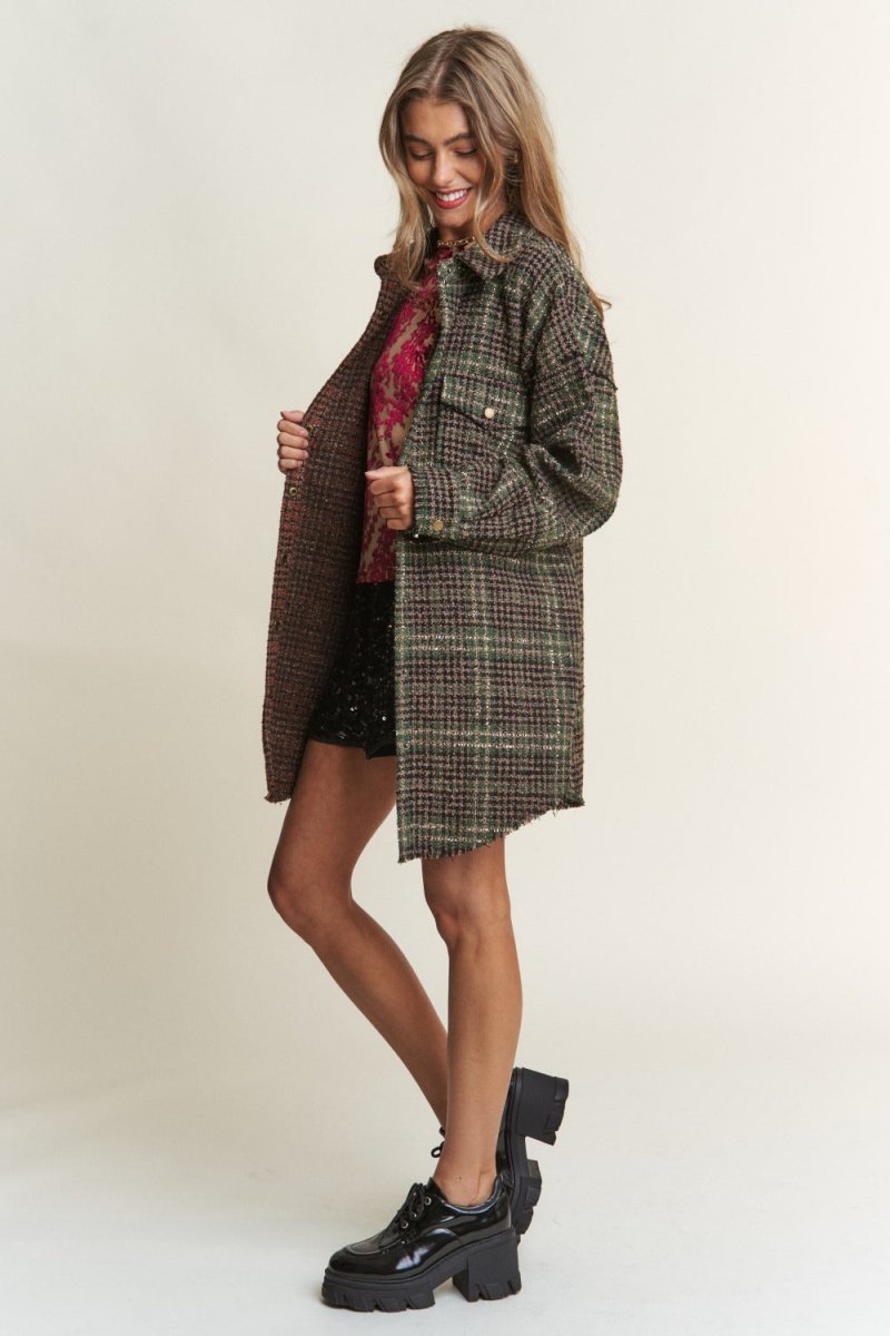 J.NNA Snap Down Tweed Plaid Contrast Longline Shacket - S. M. & Co.