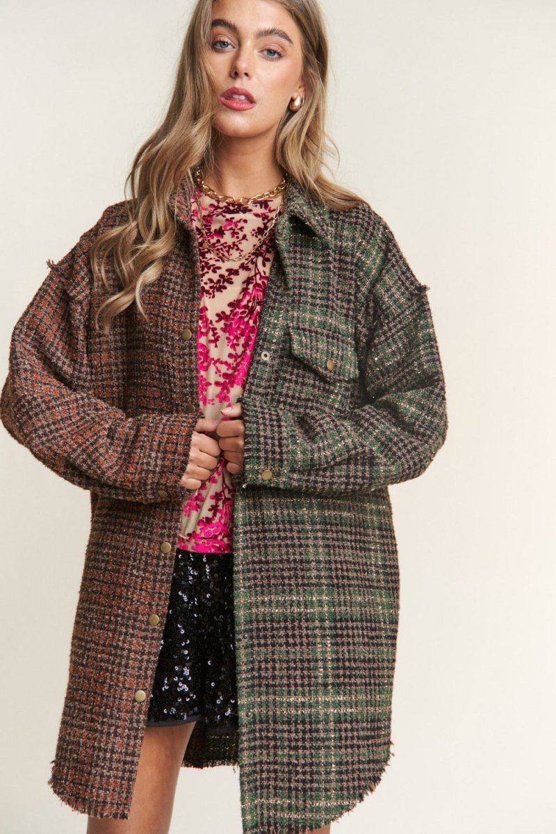 J.NNA Snap Down Tweed Plaid Contrast Longline Shacket - S. M. & Co.