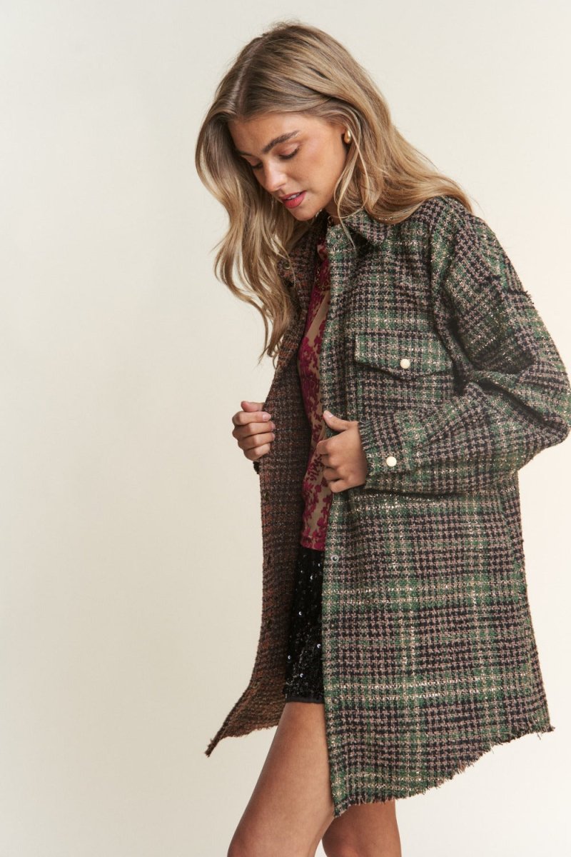 J.NNA Snap Down Tweed Plaid Contrast Longline Shacket - S. M. & Co.