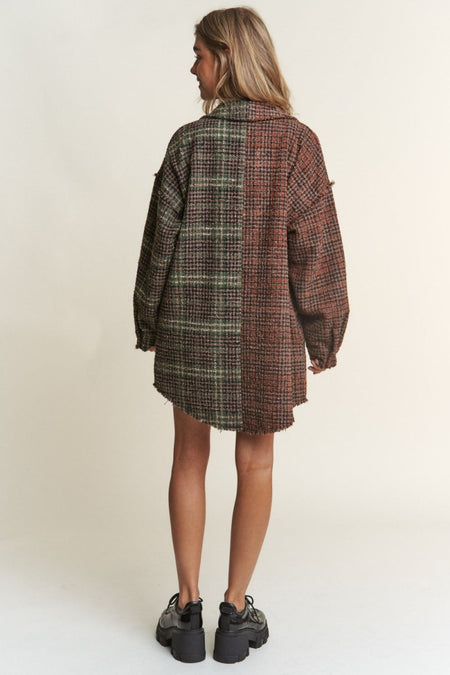 J.NNA Snap Down Tweed Plaid Contrast Longline Shacket - S. M. & Co.