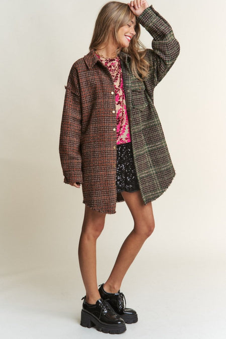 J.NNA Snap Down Tweed Plaid Contrast Longline Shacket - S. M. & Co.