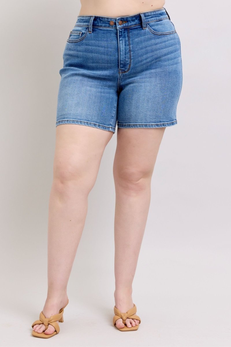 Judy Blue Full Size 2 Button Denim Shorts with Pockets Plus Size - S. M. & Co.