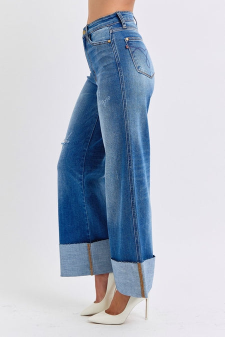 Judy Blue Full Size Distressed High Waist Wide Leg Jeans - S. M. & Co.