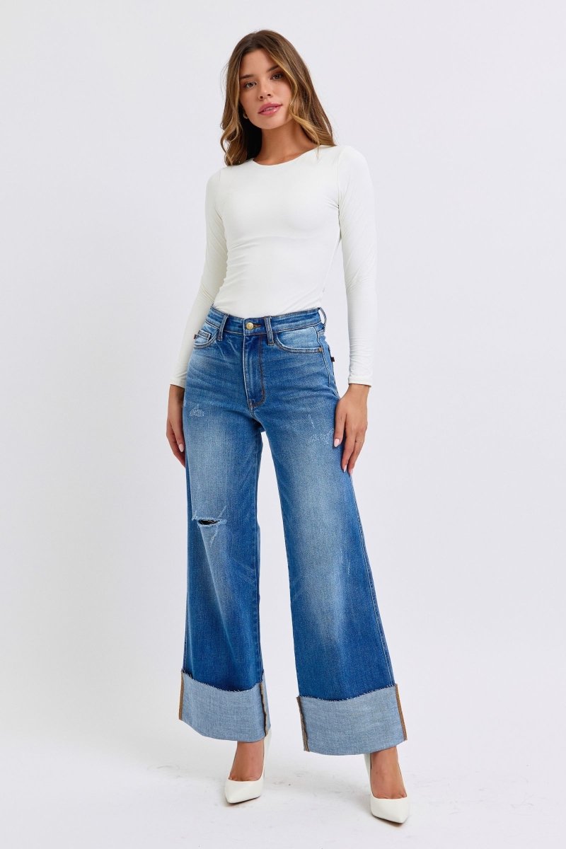 Judy Blue Full Size Distressed High Waist Wide Leg Jeans - S. M. & Co.