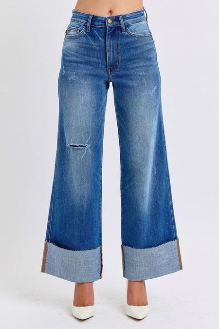 Judy Blue Full Size Distressed High Waist Wide Leg Jeans - S. M. & Co.