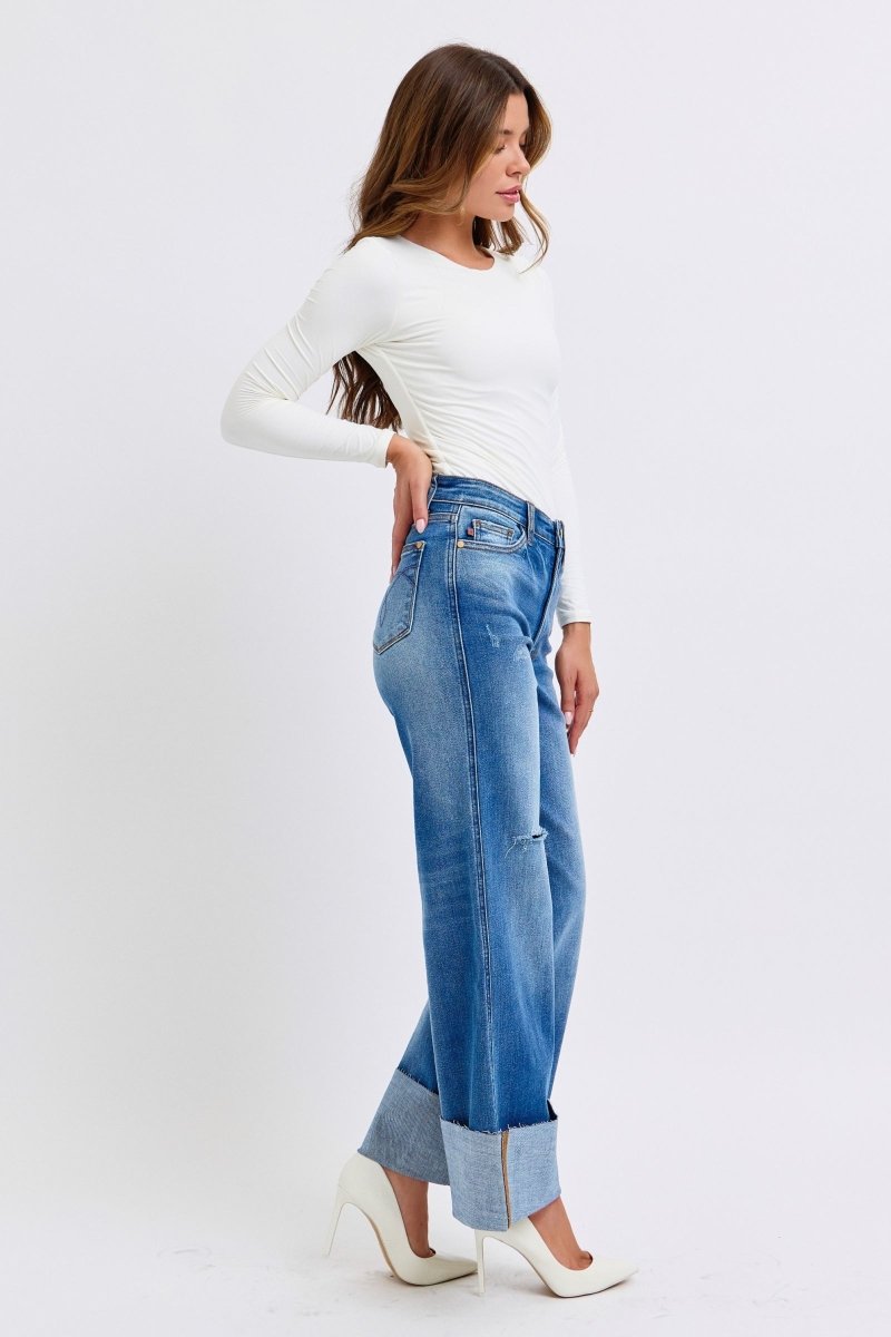 Judy Blue Full Size Distressed High Waist Wide Leg Jeans - S. M. & Co.