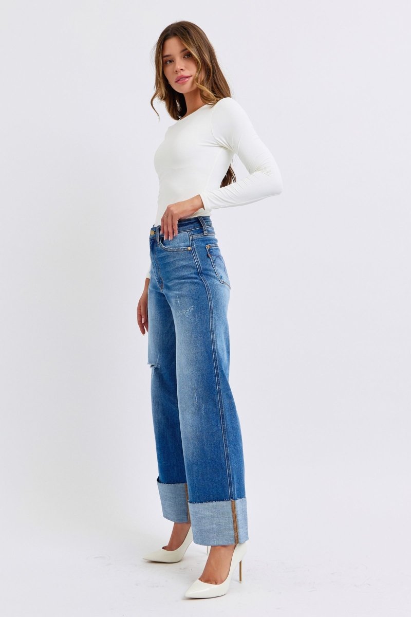 Judy Blue Full Size Distressed High Waist Wide Leg Jeans - S. M. & Co.