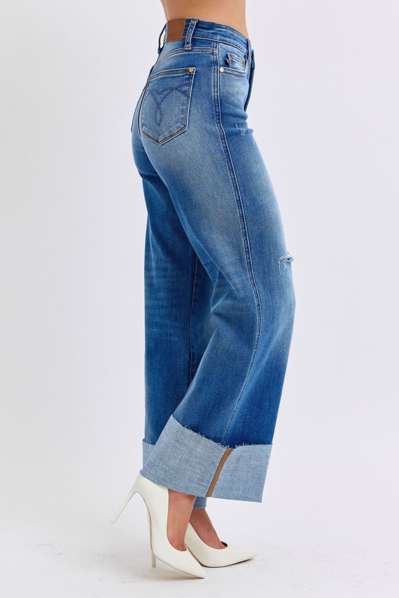 Judy Blue Full Size Distressed High Waist Wide Leg Jeans - S. M. & Co.