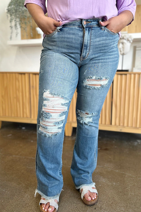 Judy Blue Full Size Distressed Raw Hem Bootcut Jeans - S. M. & Co. Denim Jeans