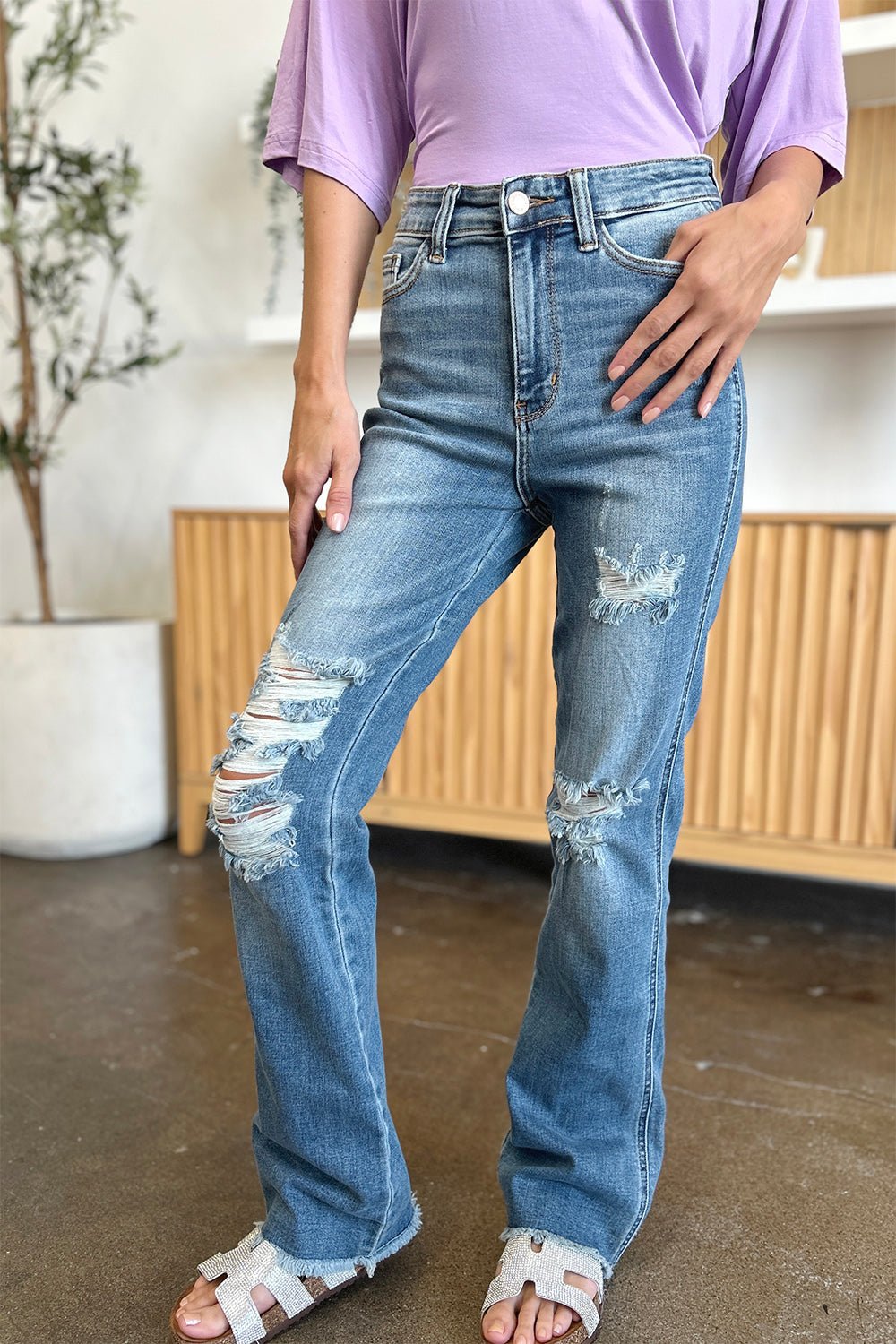 Judy Blue Full Size Distressed Raw Hem Bootcut Jeans - S. M. & Co. Denim Jeans