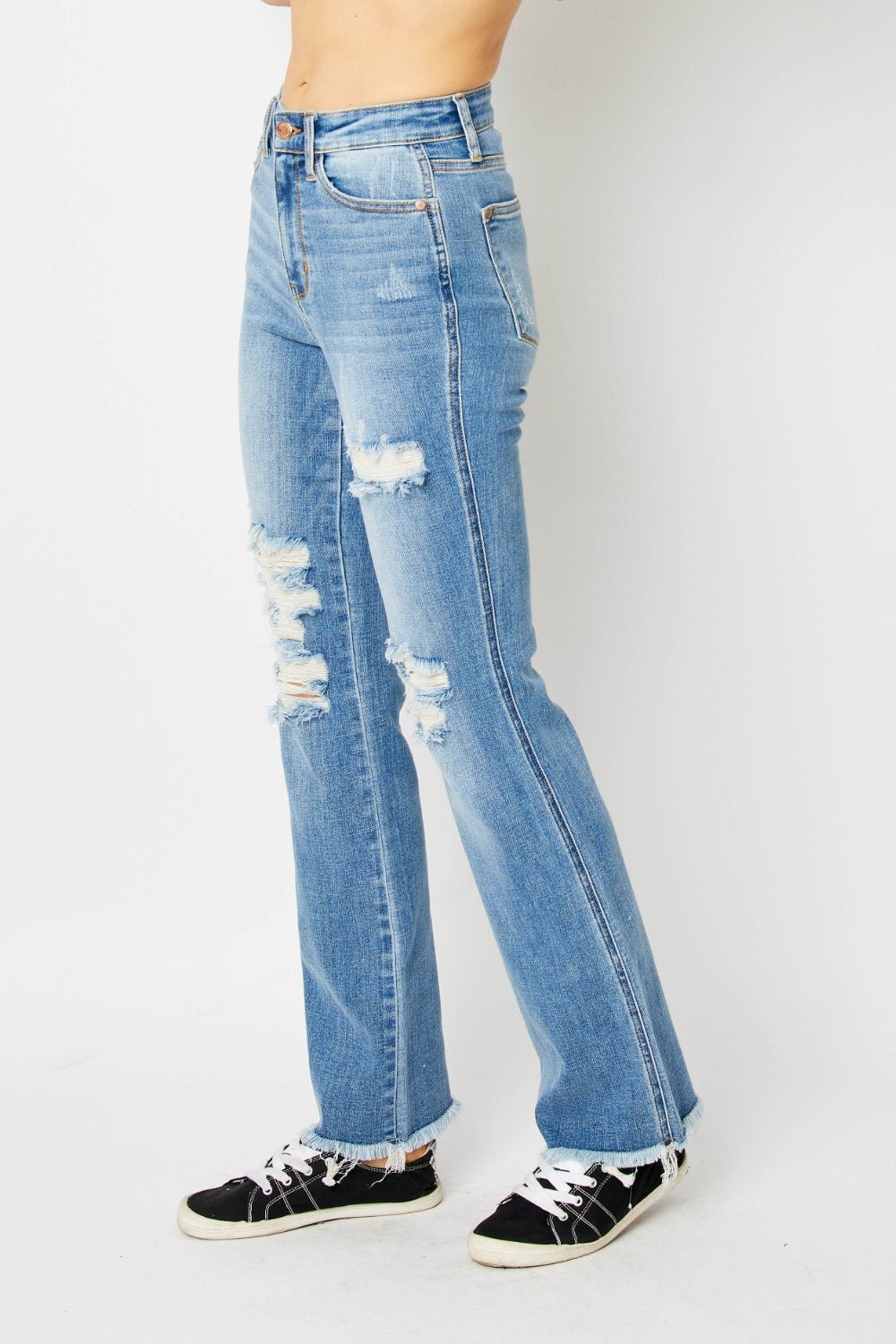 Judy Blue Full Size Distressed Raw Hem Bootcut Jeans - S. M. & Co. Denim Jeans