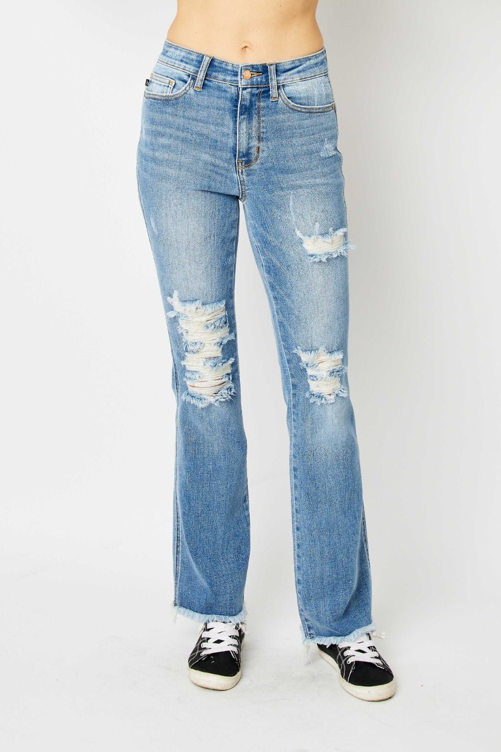 Judy Blue Full Size Distressed Raw Hem Bootcut Jeans - S. M. & Co. Denim Jeans