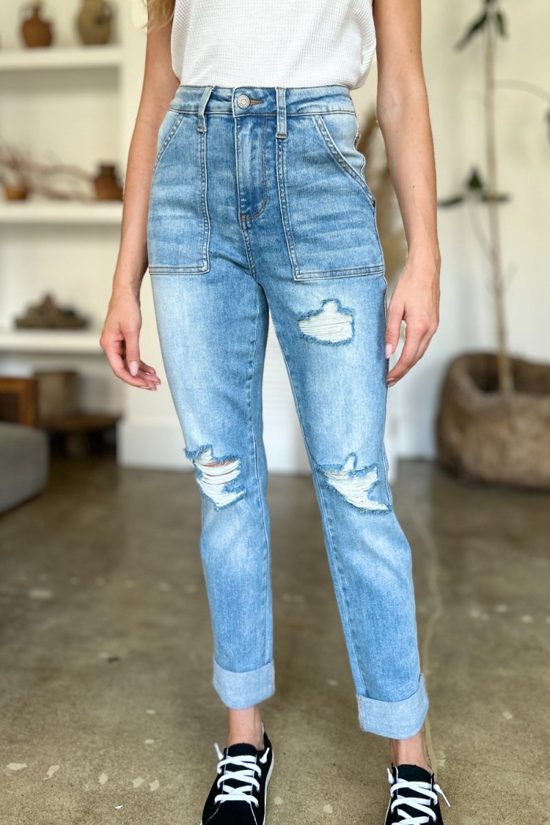 Judy Blue Full Size Distressed Straight Jeans with Patch Pockets - S. M. & Co. Straight Leg Jeans