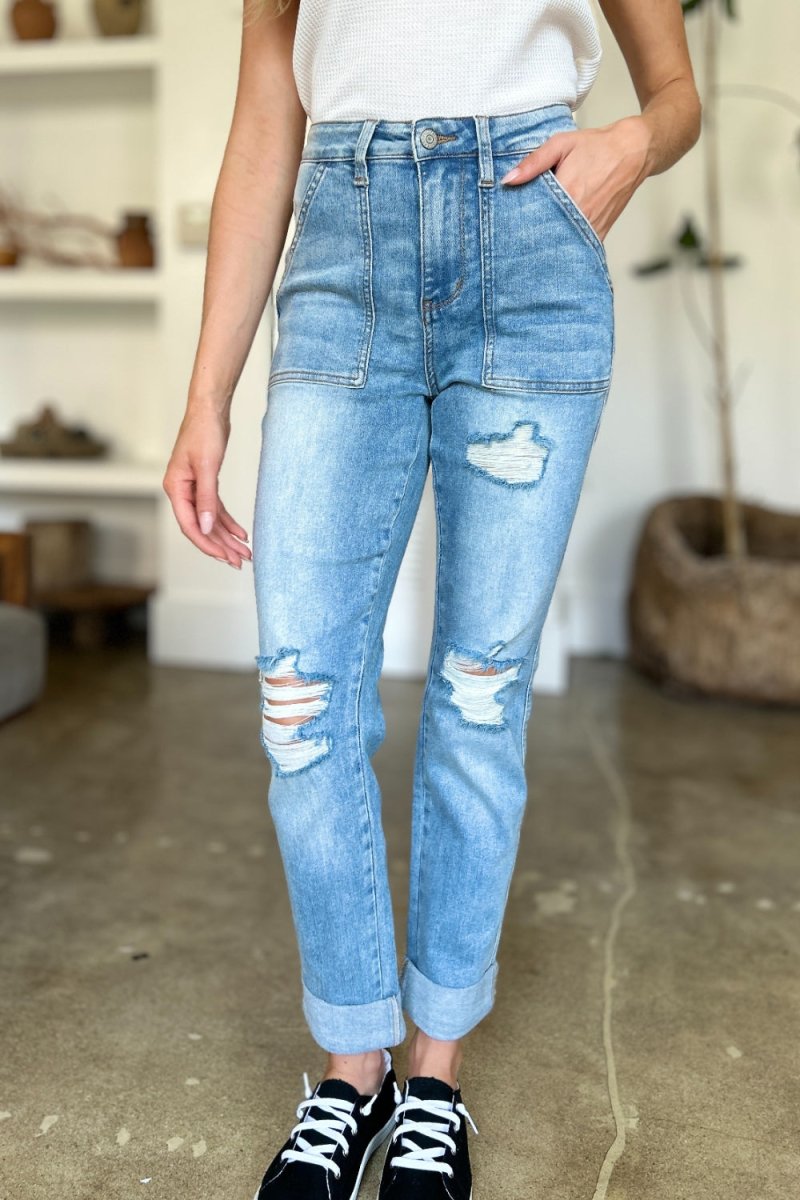 Judy Blue Full Size Distressed Straight Jeans with Patch Pockets - S. M. & Co. Straight Leg Jeans