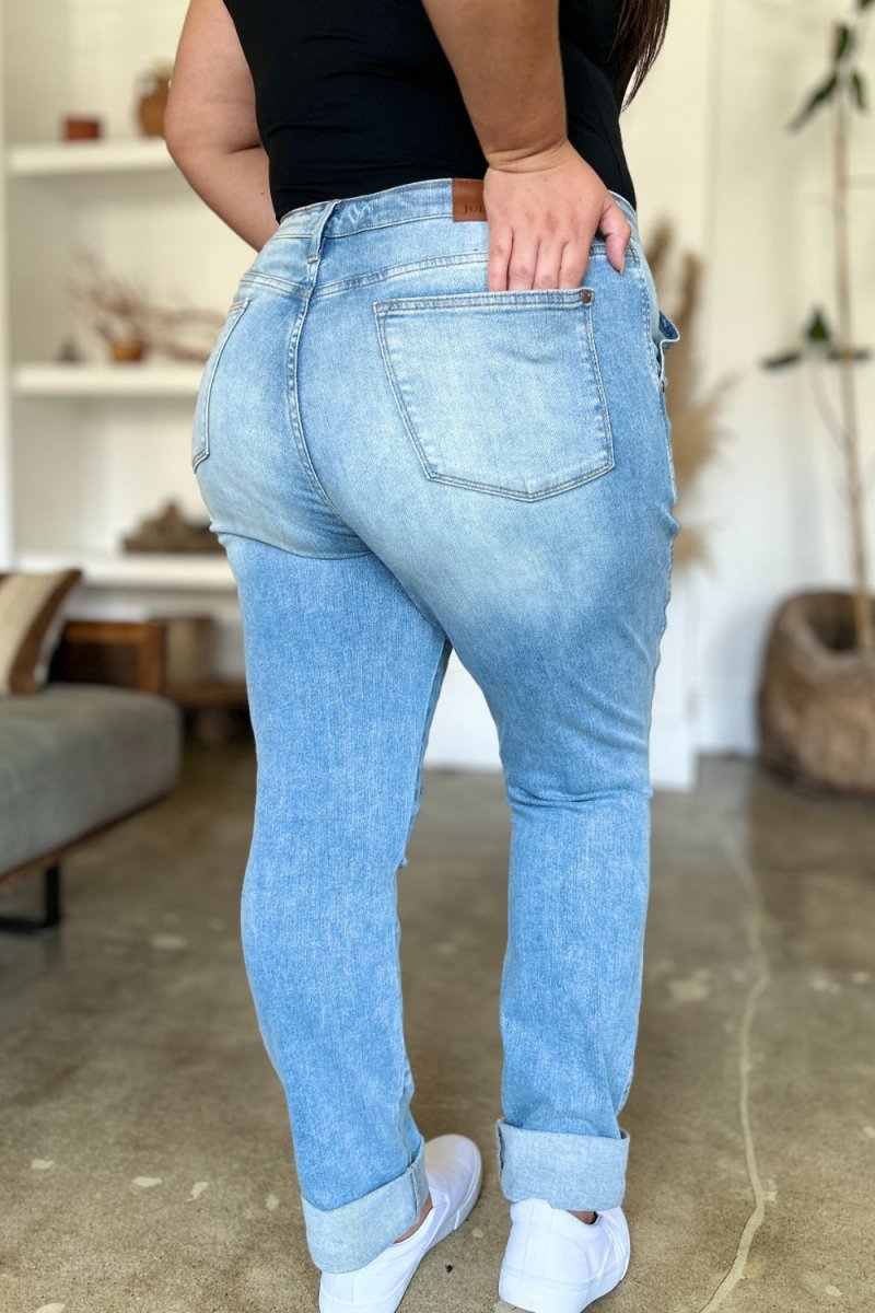 Judy Blue Full Size Distressed Straight Jeans with Patch Pockets - S. M. & Co. Straight Leg Jeans