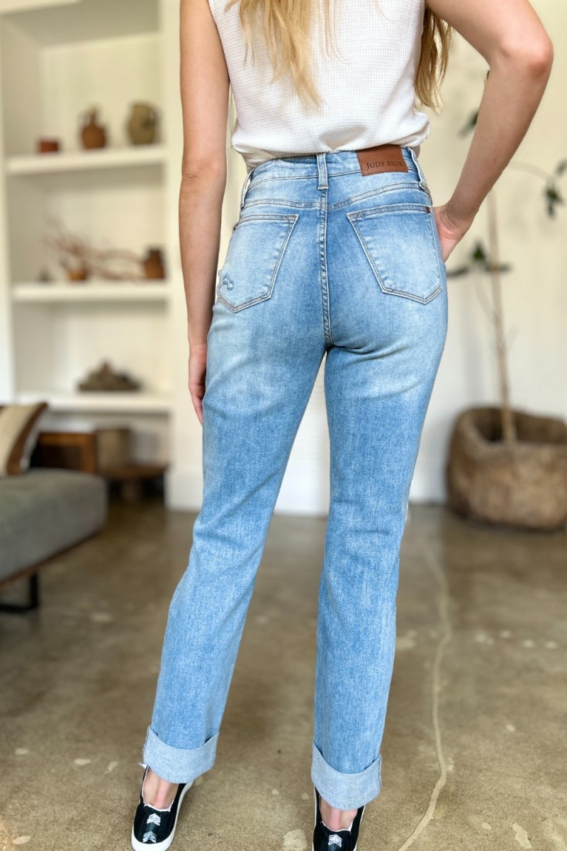 Judy Blue Full Size Distressed Straight Jeans with Patch Pockets - S. M. & Co. Straight Leg Jeans