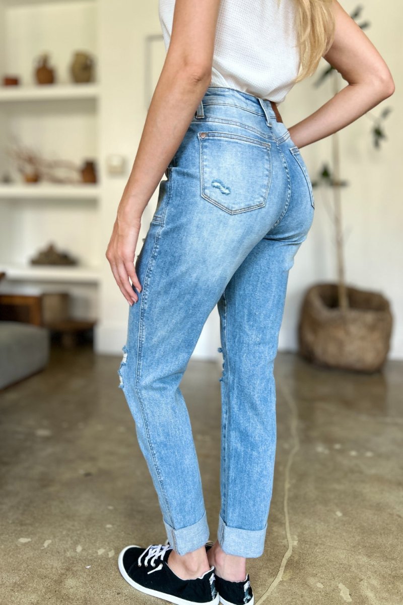 Judy Blue Full Size Distressed Straight Jeans with Patch Pockets - S. M. & Co. Straight Leg Jeans