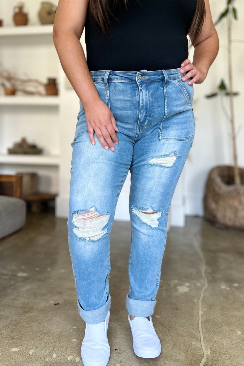 Judy Blue Full Size Distressed Straight Jeans with Patch Pockets - S. M. & Co. Straight Leg Jeans