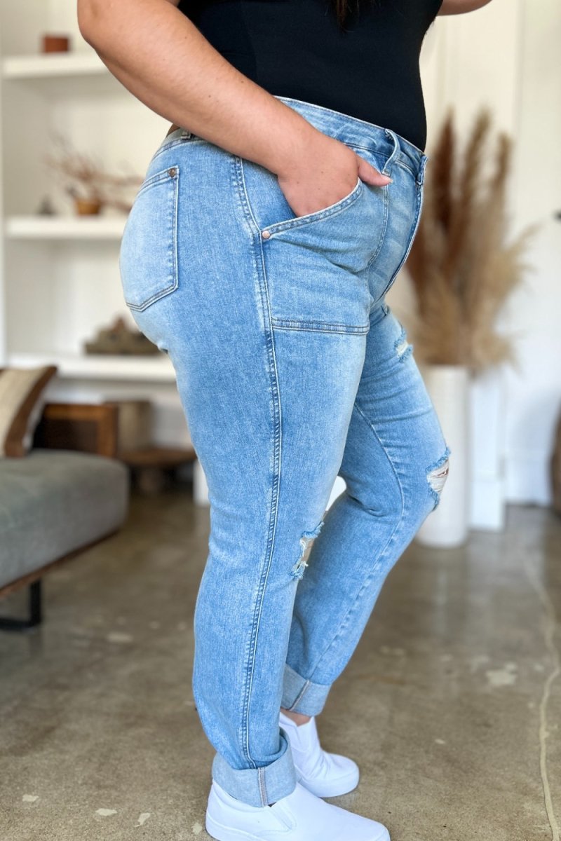 Judy Blue Full Size Distressed Straight Jeans with Patch Pockets - S. M. & Co. Straight Leg Jeans