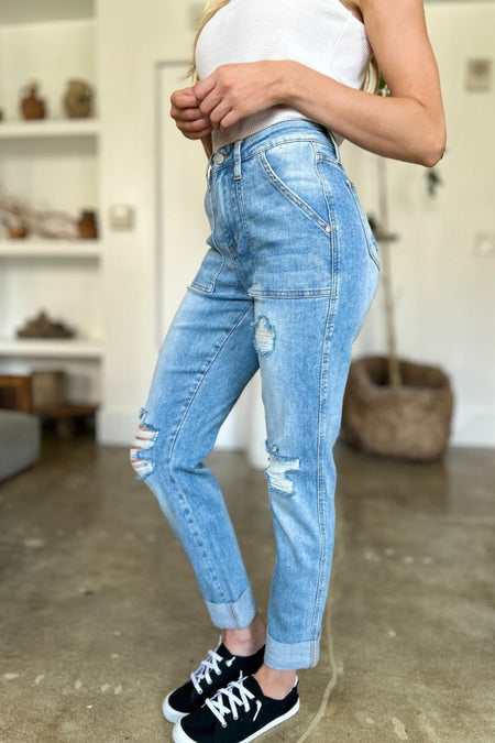 Judy Blue Full Size Distressed Straight Jeans with Patch Pockets - S. M. & Co. Straight Leg Jeans