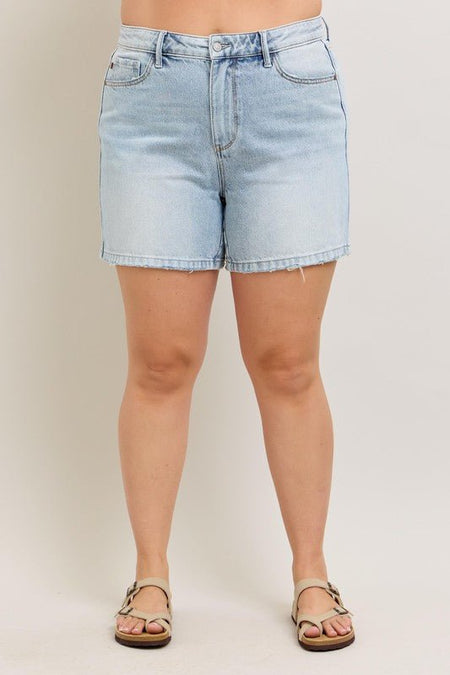 Judy Blue Full Size Frayed Hem High Rise Denim Shorts with Pockets Plus Size - S. M. & Co.