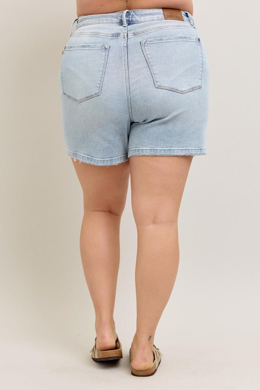 Judy Blue Full Size Frayed Hem High Rise Denim Shorts with Pockets Plus Size - S. M. & Co.