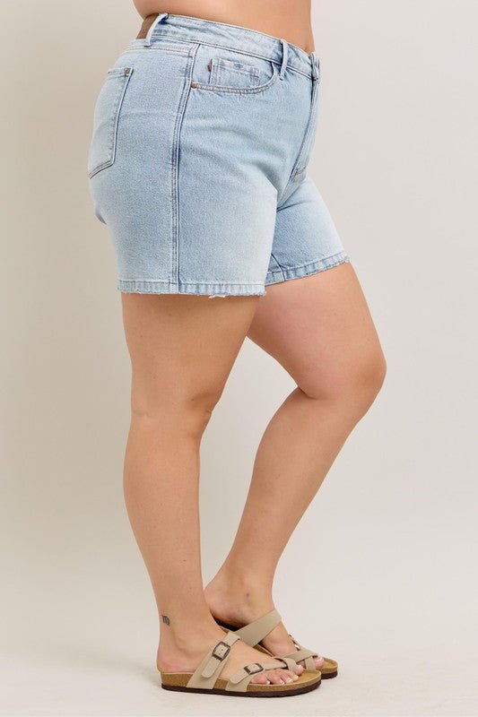 Judy Blue Full Size Frayed Hem High Rise Denim Shorts with Pockets Plus Size - S. M. & Co.