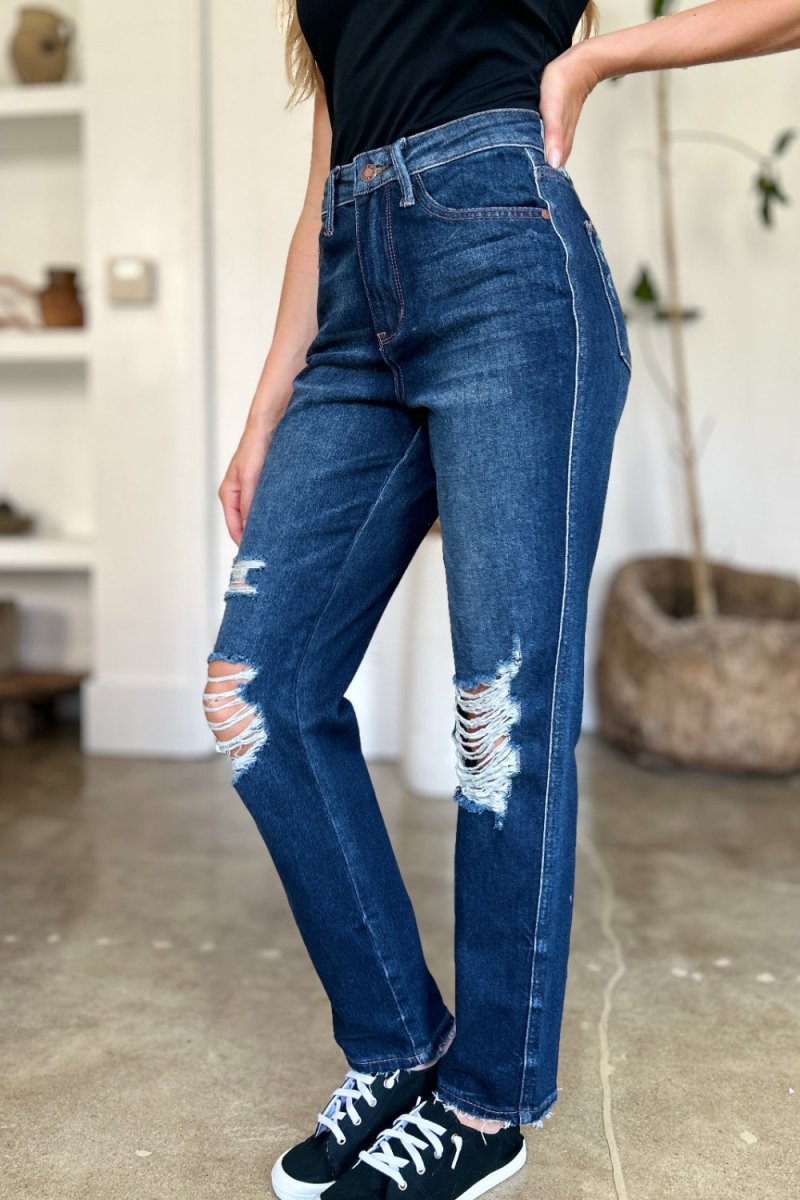 Judy Blue Full Size High Waist Rigid Magic Heavy Destroy Straight Jeans - S. M. & Co. Straight Leg Jeans