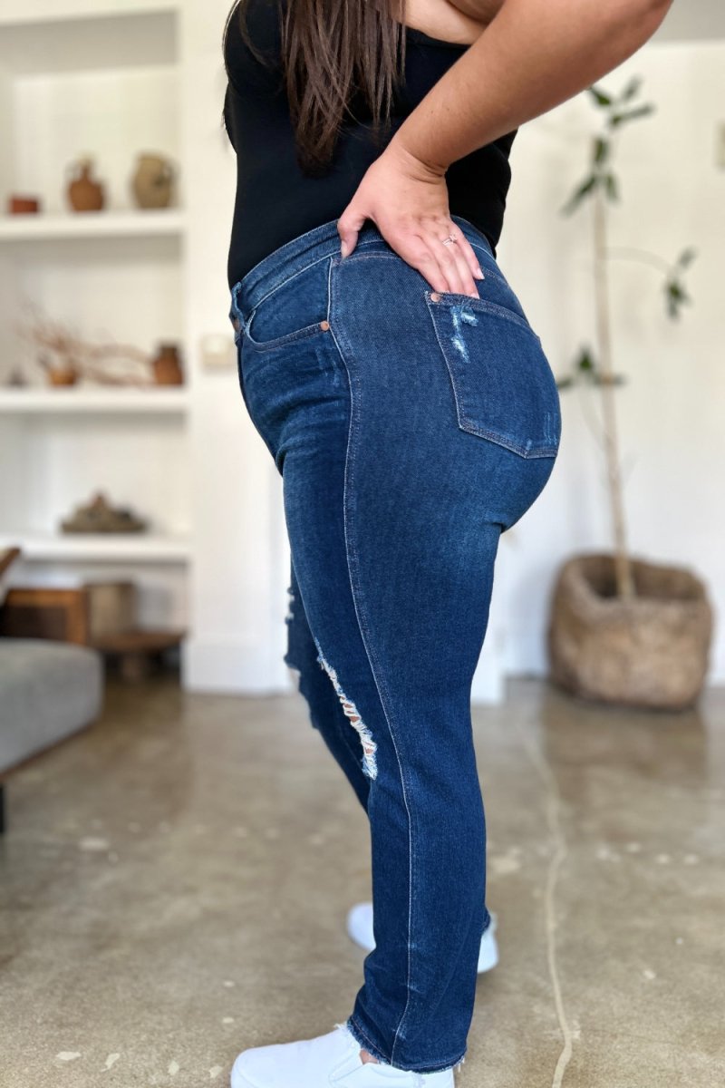 Judy Blue Full Size High Waist Rigid Magic Heavy Destroy Straight Jeans - S. M. & Co. Straight Leg Jeans