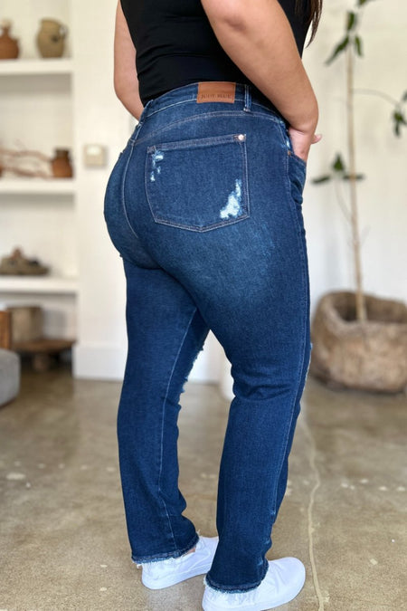 Judy Blue Full Size High Waist Rigid Magic Heavy Destroy Straight Jeans - S. M. & Co. Straight Leg Jeans