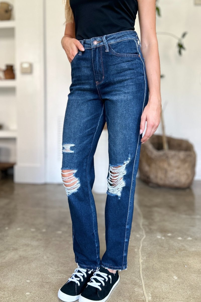 Judy Blue Full Size High Waist Rigid Magic Heavy Destroy Straight Jeans - S. M. & Co. Straight Leg Jeans