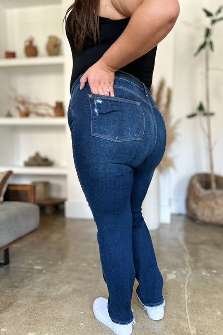 Judy Blue Full Size High Waist Rigid Magic Heavy Destroy Straight Jeans - S. M. & Co. Straight Leg Jeans