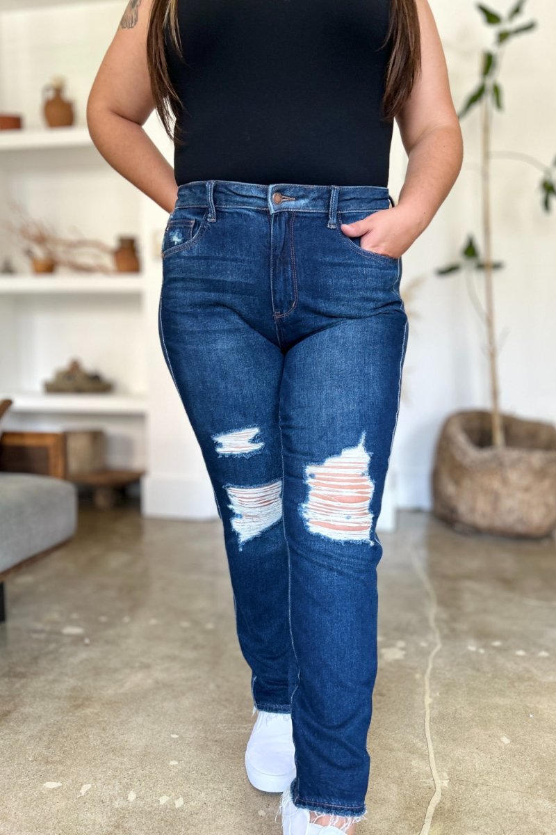 Judy Blue Full Size High Waist Rigid Magic Heavy Destroy Straight Jeans - S. M. & Co. Straight Leg Jeans