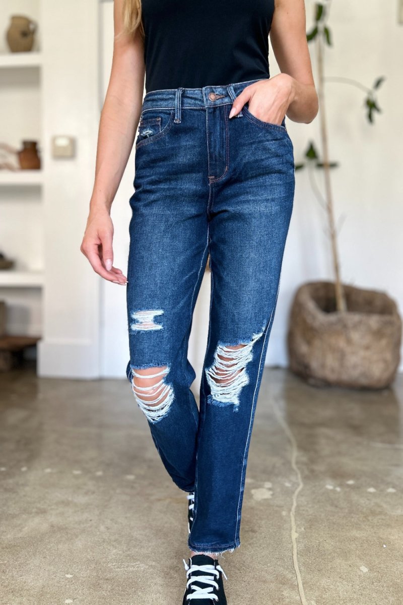 Judy Blue Full Size High Waist Rigid Magic Heavy Destroy Straight Jeans - S. M. & Co. Straight Leg Jeans